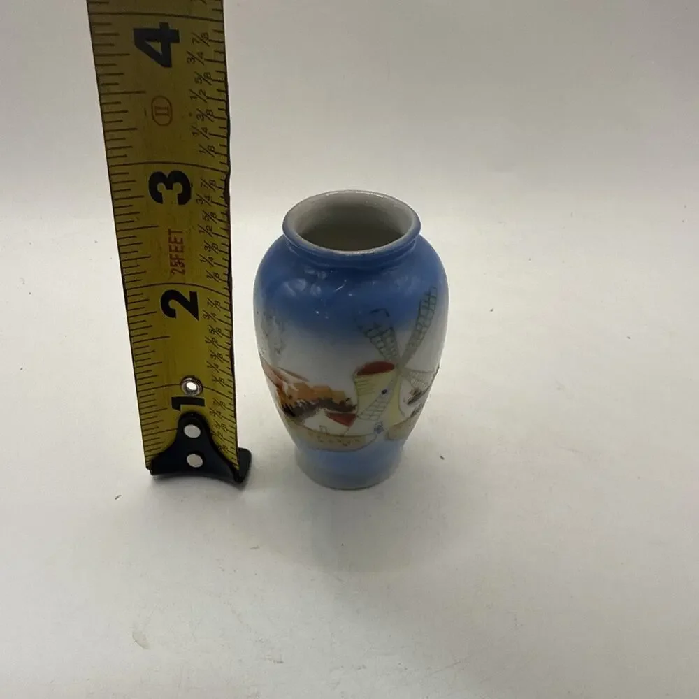 Vintage Miniature Porcelain Vase 2 3/4” Windmill Scene Blue Hand Painted Japan *